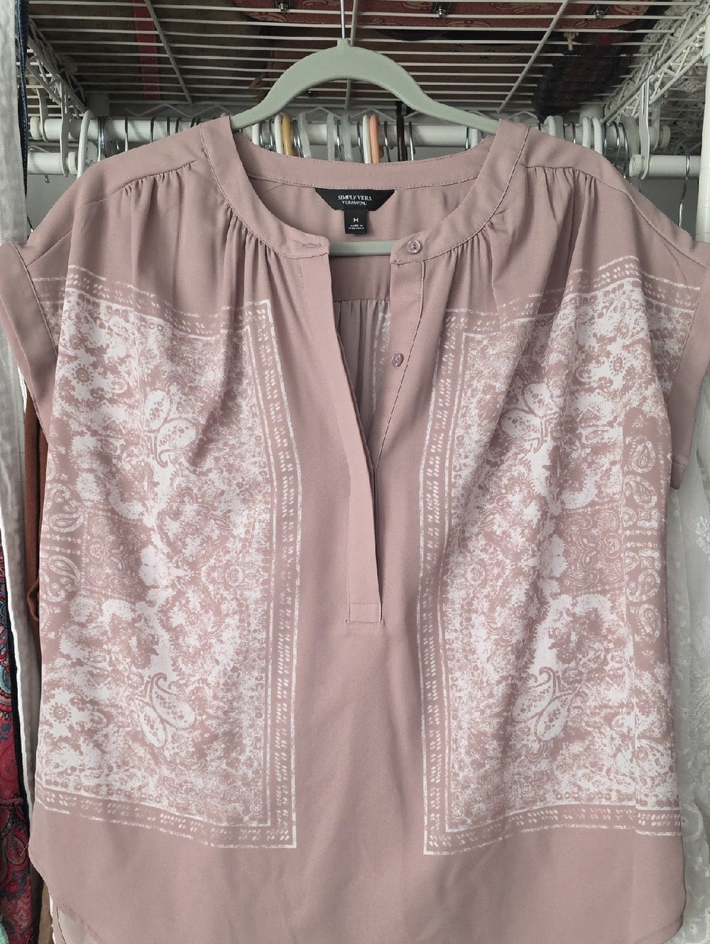 Ann Taylor Mauve Pink Paisley-Print Split-Neck Blouse